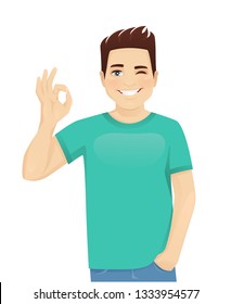 Young man in casual clothes gesturing ok sign isolated vector illustration