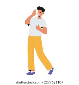 Joven con ropa informal gestos con manos, saludos o bienvenidos a alguien. Personaje masculino feliz con camiseta y pantalones amarillos aislados en fondo blanco. Ilustración de vectores de personas de caricatura