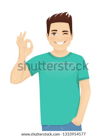Young man in casual clothes gesturing ok sign isolated vector illustration