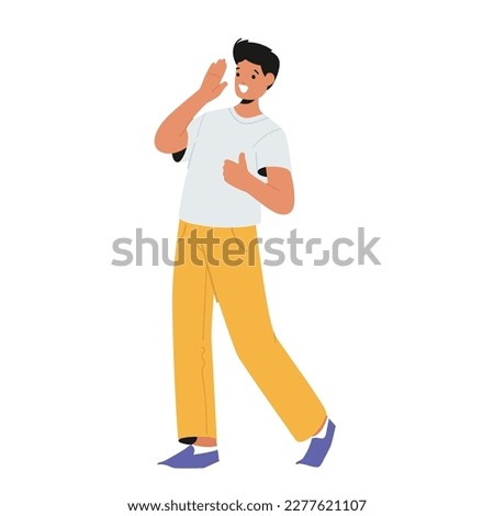 Young Man in Casual Clothes Gesturing with Hands, Greeting or Welcome Somebody. Happy Male Character Wearing T-shirt and Yellow Pants Isolated on White Background. Cartoon People Vector Illustration