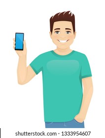 Young man in casual clothes holding phone witn blank screen isolated vector illustration