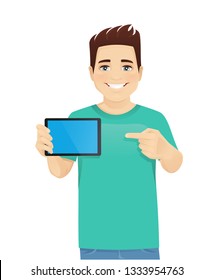 Young man in casual clothes holding tablet witn blank screen isolated vector illustration