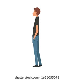 Young Man in Casual Clothes Looking at Something, Side View Vector Illustration
