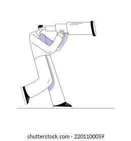 A young man in casual clothes looks through a telescope. Illustrations on the topic of strategic planning and visionary decisions.