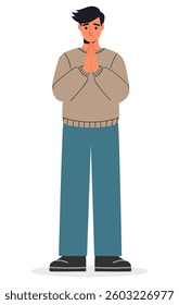 Young man in casual clothes pray with his hands folded in a gesture of apology
