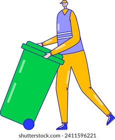 Young man in casual clothes pushing a large green trash bin. Sanitation worker doing his job, recycling, cleanliness drive vector illustration.