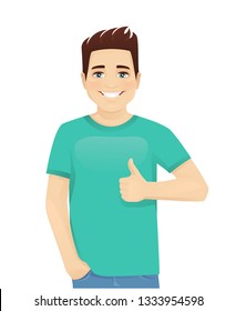 Young man in casual clothes showing thumb up isolated vector illustration