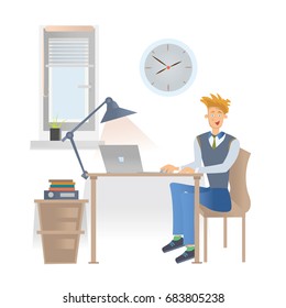 A young man in casual clothes is sitting at the workplace in office with a laptop. Vector illustration, isolated on white background.