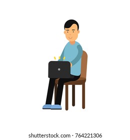 Young man in casual clothes sitting on a chair working with laptop, man using electronic device vector Illustration