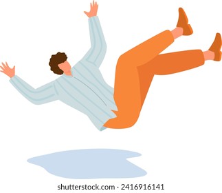 Young man in casual clothes slipping and falling down. Accident, clumsy person tripping, unexpected fall vector illustration.