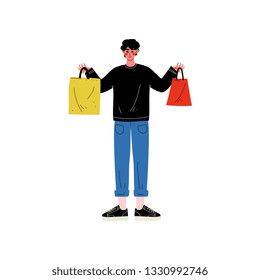 Young Man in Casual Clothes Standing with Shopping Bags, Guy Purchasing, Seasonal Sale at Store, Mall, Shop Vector Illustration