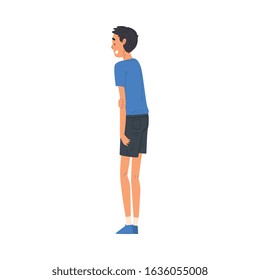 Young Man in Casual Clothes Standing Back and Looking at Something, View from Behind Vector Illustration