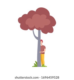 Young Man in Casual Clothes Standing and Hiding Behind Tree Vector Illustration