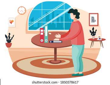 Young man in casual clothes is standing in room with big round table with folders for documents. Flat vector illustration character indoors alone at home reading and working in livingroom or office
