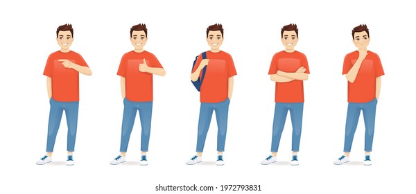 Young man in casual clothes standing with different gestures set isolated vector illustration