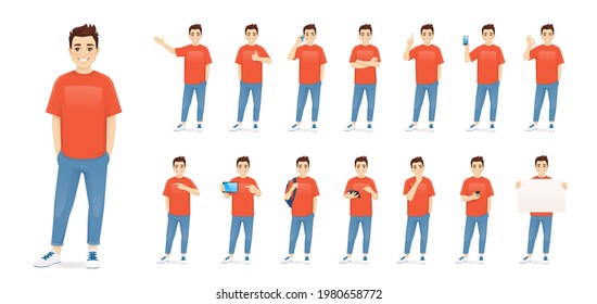 Young man in casual clothes standing with different gestures set isolated vector illustration