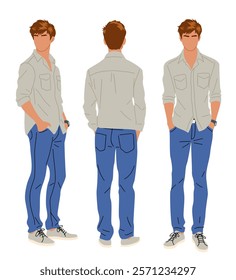 Young man in casual clothes standing full length front, rear, side view. Colorful flat vector illustration isolated on white background