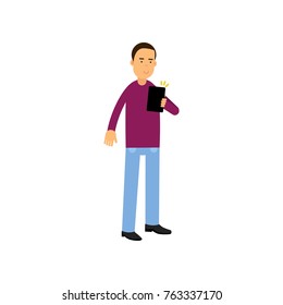 Young man in a casual clothes standing with a tablet, man using electronic device vector Illustration