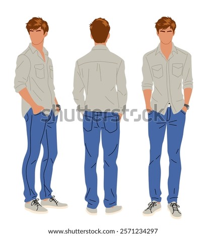 Young man in casual clothes standing full length front, rear, side view. Colorful flat vector illustration isolated on white background