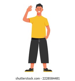 A young man in casual clothes stands and waves his hand. Isolated vector illustration.