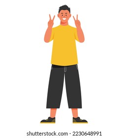 A young man in casual clothes stands and waves his hands. Isolated vector illustration.