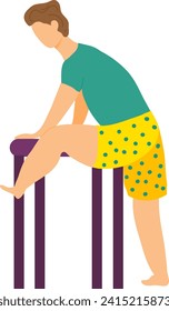 Young man in casual clothes stretching leg on chair, flexibility exercise. Home workout and fitness routine vector illustration.