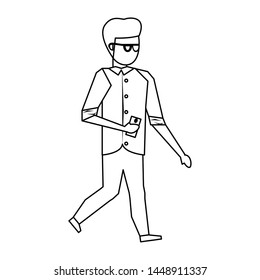 Young man with casual clothes walking with smartphone vector illustration graphic design