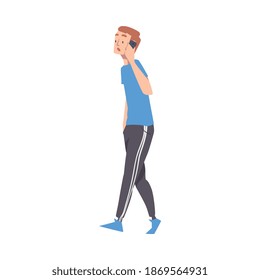 Young Man in Casual Clothes Walking with Smartphone Cartoon Style Vector Illustration