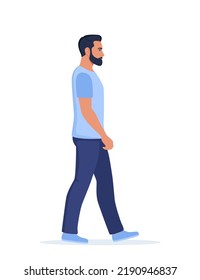 Young man in casual clothes walking forward, side view. Vector Illustration