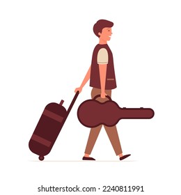 A young man in casual clothes walking with luggage and a guitar case vector illustration on white background