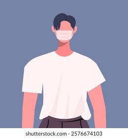 Young man in casual clothes and wearing a medical mask as protection against influenza, viruses or air pollution in the city. Vector illustration. Not AI generated