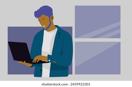 A young man in casual clothes works or studies on a laptop from home. Concept for remote work or training in digital professions.
