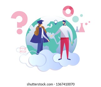 Young Man in Casual Clothing Communicating with Graduated Girl Dressed in Mantle and Academical Cap on Earth Globe Background with Flask, Question Sign Icon and Clouds Cartoon Flat Vector Illustration