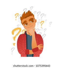 Young man in casual clothing jeans standing in thoughtful pose holding his chin thinking with questions above head. Isolated vector illustration portrait in cartoon style