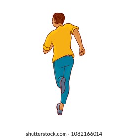 Young man in casual clothing, jeans running without looking back. Male character running with afraid face back view. Isolated vector illustration in sketch style