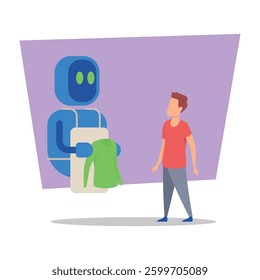 Young man in casual clothing standing in front of robot designed with friendly demeanor. Robot holding out green shirt, proposing unique shopping experience