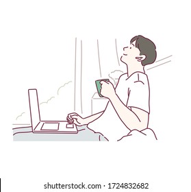 Young man in casual clothing working at home with laptop computer on a sofa in a cozy living room with windows. Hand drawn style vector design illustrations.