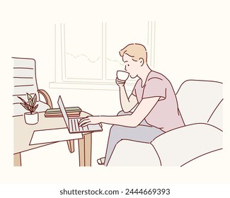 Young man in casual clothing working at home with laptop computer on a sofa in a cozy living room with windows. Hand drawn style vector design illustrations.