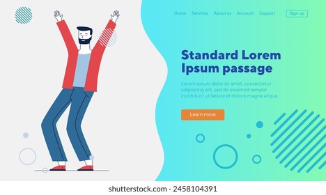 Young man in casual enjoying party or concert. Cartoon male character raising hands and dancing flat vector illustration. Show, club, leisure concept for banner, website design or landing web page