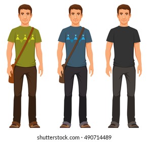 Young Man In Casual Fashion. Handsome Young Guy In Jeans, Cartoon Illustration.