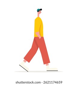 Young man in casual outfit walking along a white background in a modern, minimalist style