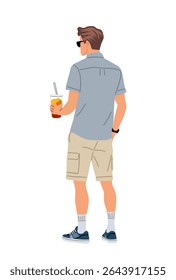 Young man in casual summer clothes and sunglasses, rear view, holding a refreshing drink. Relaxed vacation or beach vibe. Vector illustration isolated on white background