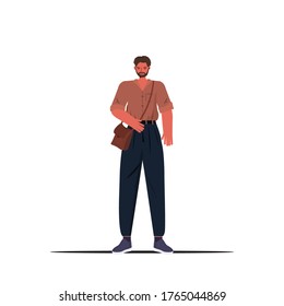 young man in casual trendy clothes male cartoon character standing pose full length vector illustration