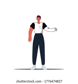 young man in casual trendy clothes pointing hand on something male cartoon character standing pose full length vector illustration