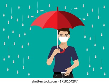 Young man in casual wearing surgical face mask holding umbrella in heavy raining day. Vector Illustration. Idea for COVID-19 prevention,protection and awareness.