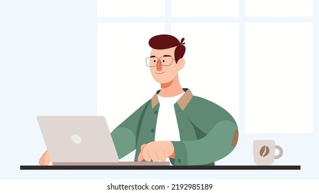 Young man casually working with a laptop flat vector illustration