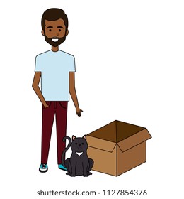 young man with cat in box