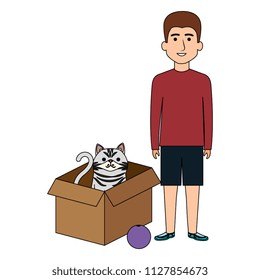 young man with cat in box