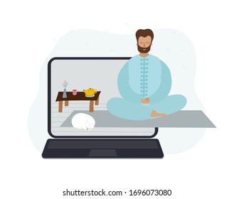 Young man cat do meditation yoga online lesson class on laptop computer. Simple flat people postcard. Character vector illustration. Distance learning education scene. Coronavirus covid-19 quarantine.