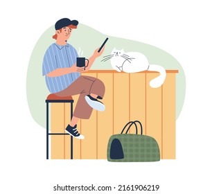 Young man and a cat are eating in a cafe, flat illustrations on a white background. A cat together with friendly people in the same cafe. A person drinks tea, coffee with a pet in a cafe
